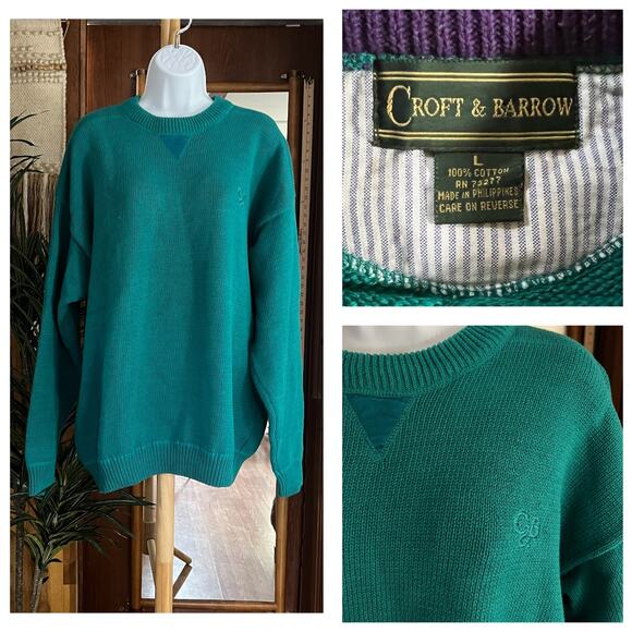Vintage 90s Croft & Barrow Green Knit Sweater L Heavyweight Grandpa Preppy Knit - Picture 9 of 9